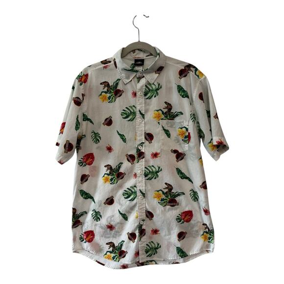 Jurassic World Mens Button Short Sleeve Polo Shirt Size M White All Over Print - Picture 1 of 12